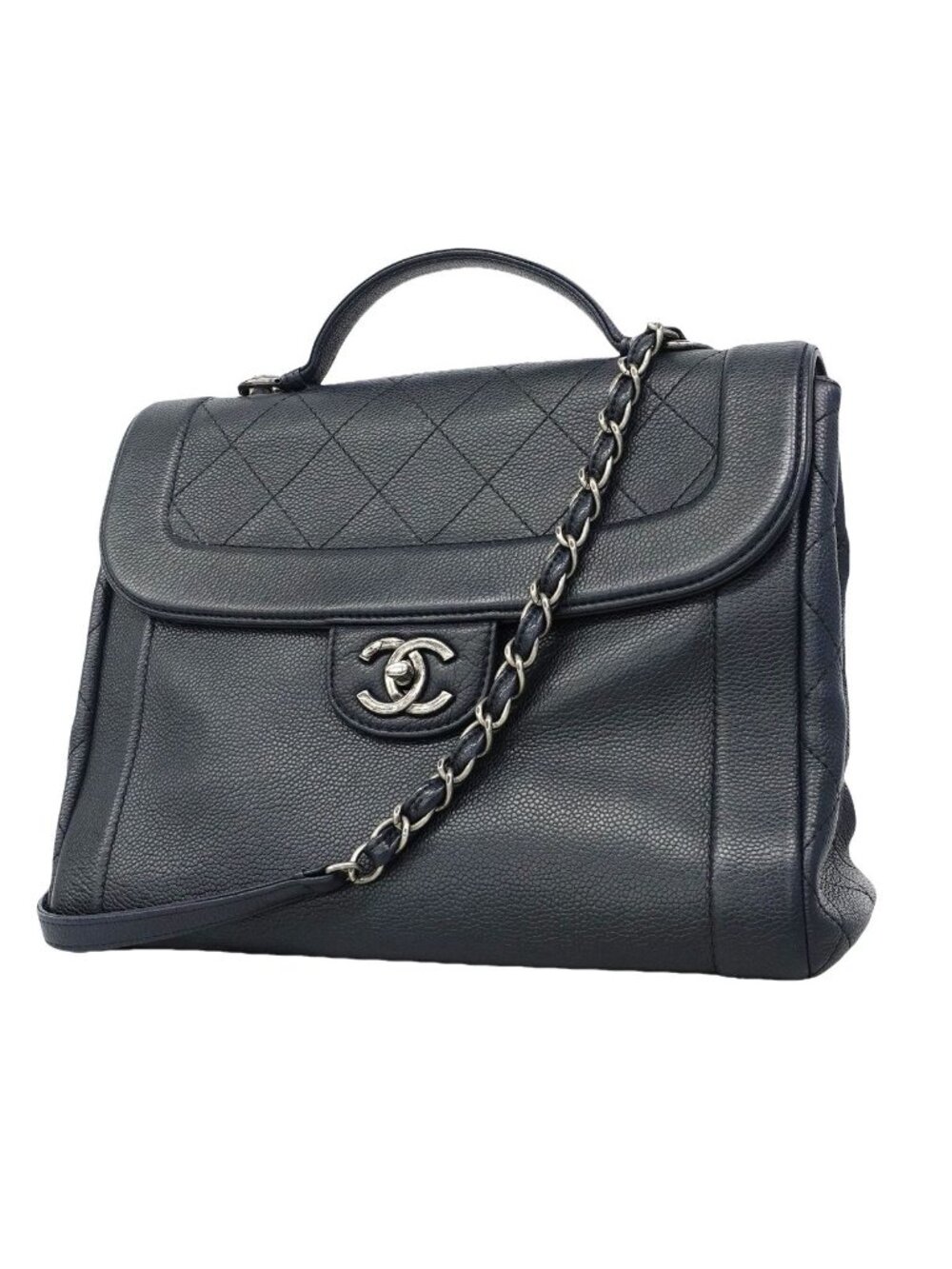 Chanel Handbag Quilted Leather Navy Silver 2-Way